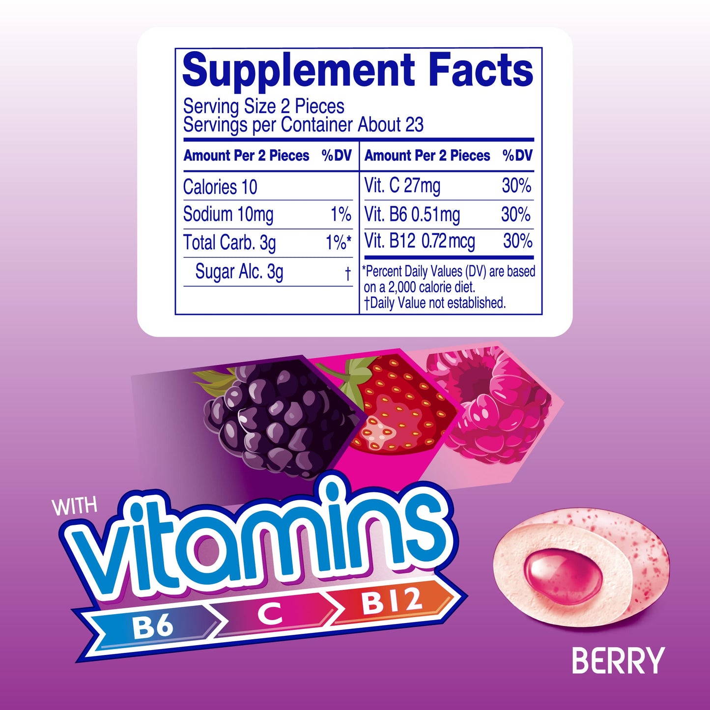 Mentos Vitamins Gum, Sugar Free Chewing Gum With Vitamins And Xylitol Sweetener, Berry, 45 Count Bottle, 6 Bottles