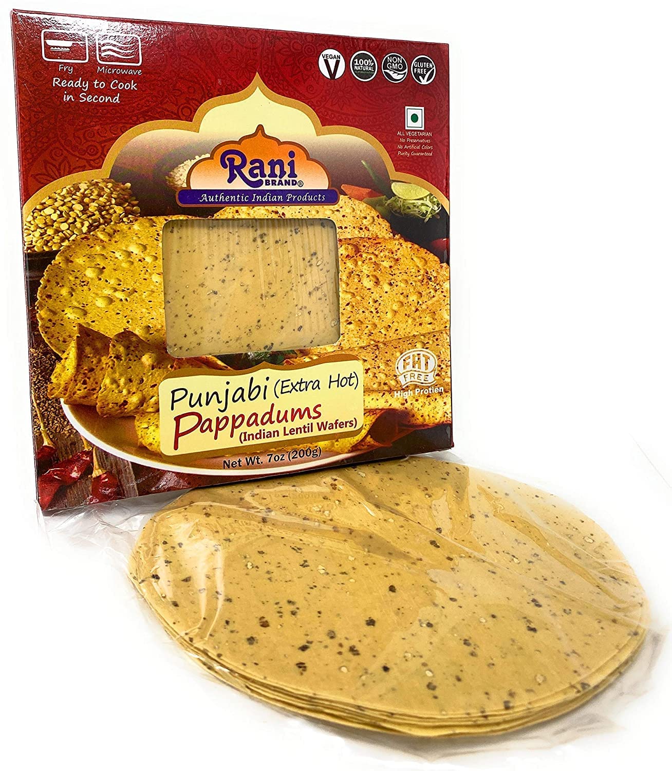 Rani Pappadums (Indian Lentil Wafer Snack) Punjabi Papad - Extra Hot, 7Oz (200G) Approximately 15Pc, 7 Inches, Pack Of 12 ~ All