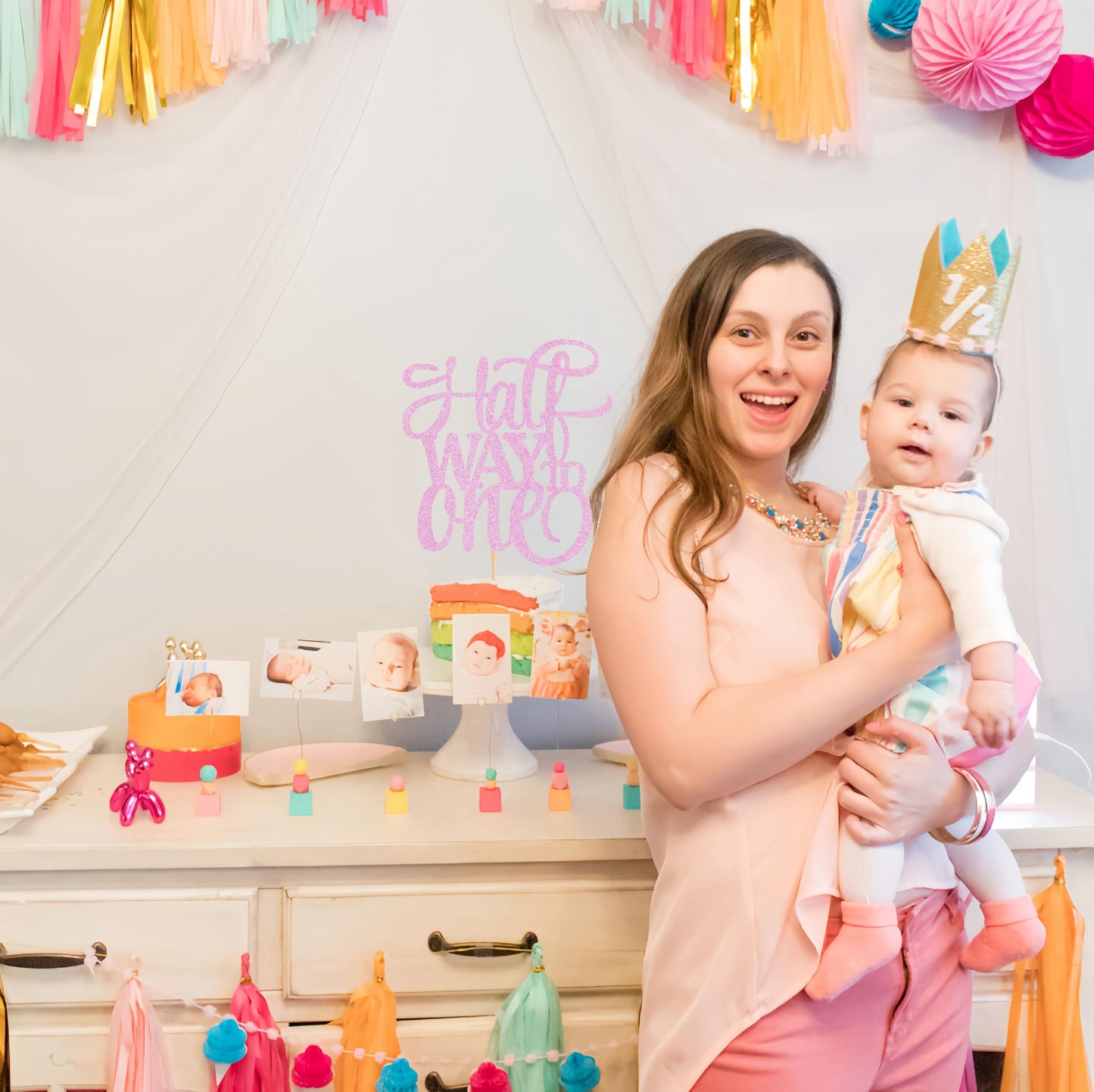Ahaoray Half Way To One Cake Topper - Pink Glitter 6 Months Birthday Decorations Supplies - Half Birthday Decorations Baby Girl,