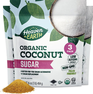 Heaven & Earth Organic Coconut Sugar, 16oz (3 Pack) | Low Glycemic | Unrefined Sugar Alternative | Natural Sweetener | Coconut P