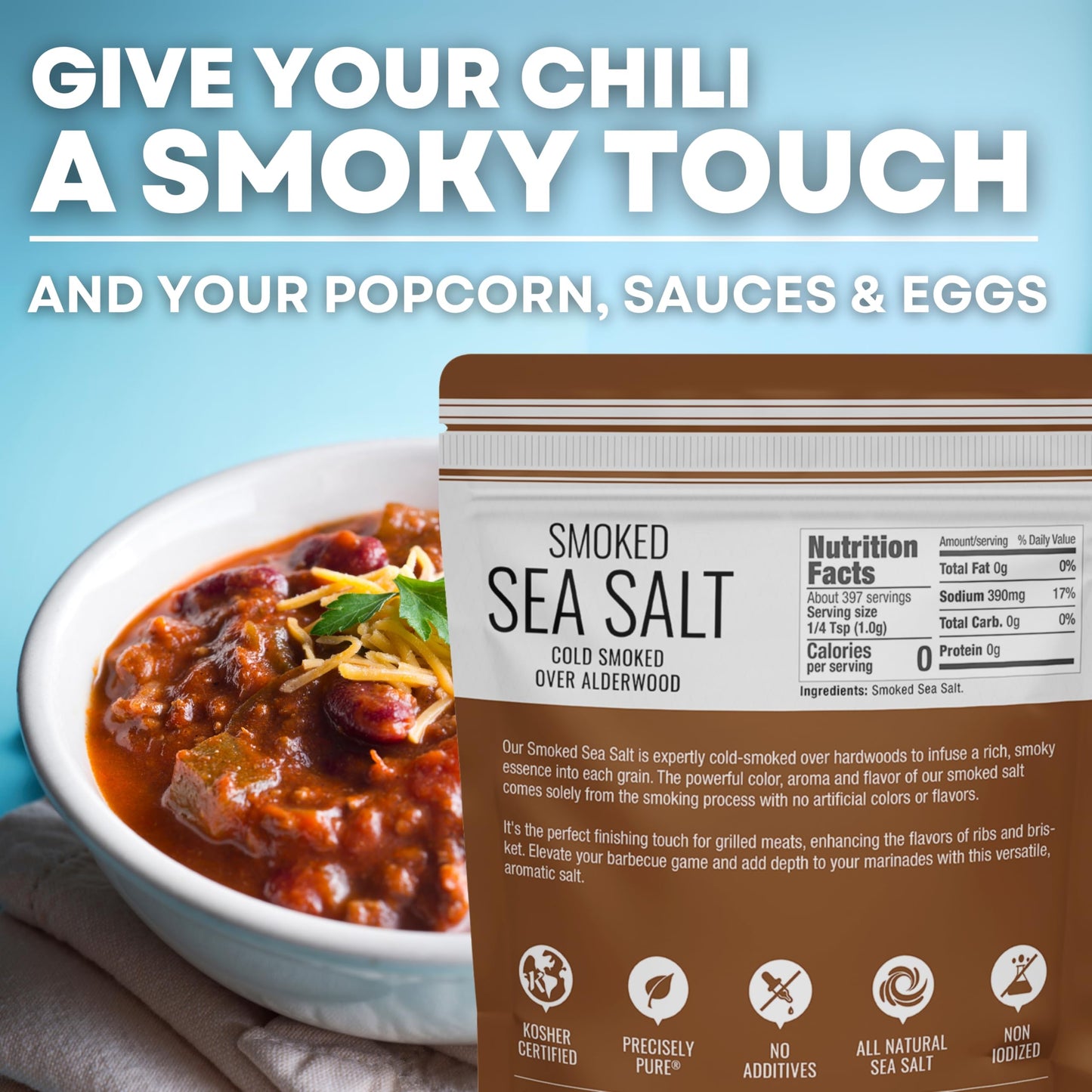 Sea Salt Superstore Fine Grain Cold Smoked Sea Salt, Unrefined Kosher Salt for Grilling & Cooking, 14 oz Bag