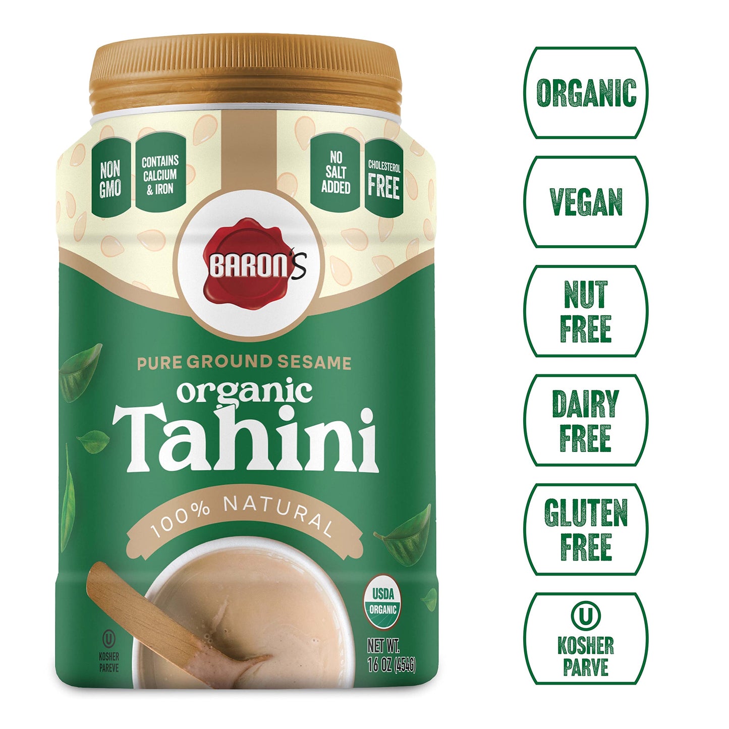 Baron's USDA Organic Tahini Pure Sesame Paste | 2 x 16 oz Jars | Rich Creamy Spread for Hummus, Dips, Sauces | Kosher, Vegan, Ke