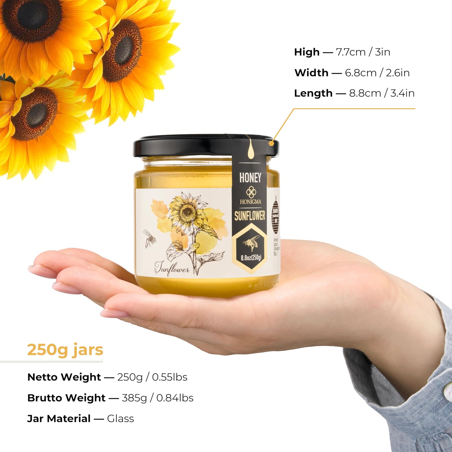 Honigma Raw Sunflowers Honey | Exquisite Taste | 100% Pure | Unpasteurized | Unfiltered | Partially Crystallized | 250G/8.8Oz