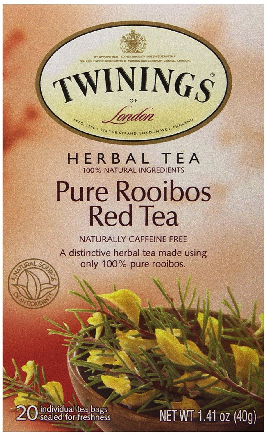 Twinings Rooibos Red Herbal Tea, Naturally Caffeine-Free, 20 Count, Individually Wrapped Bags, Sweet Aroma