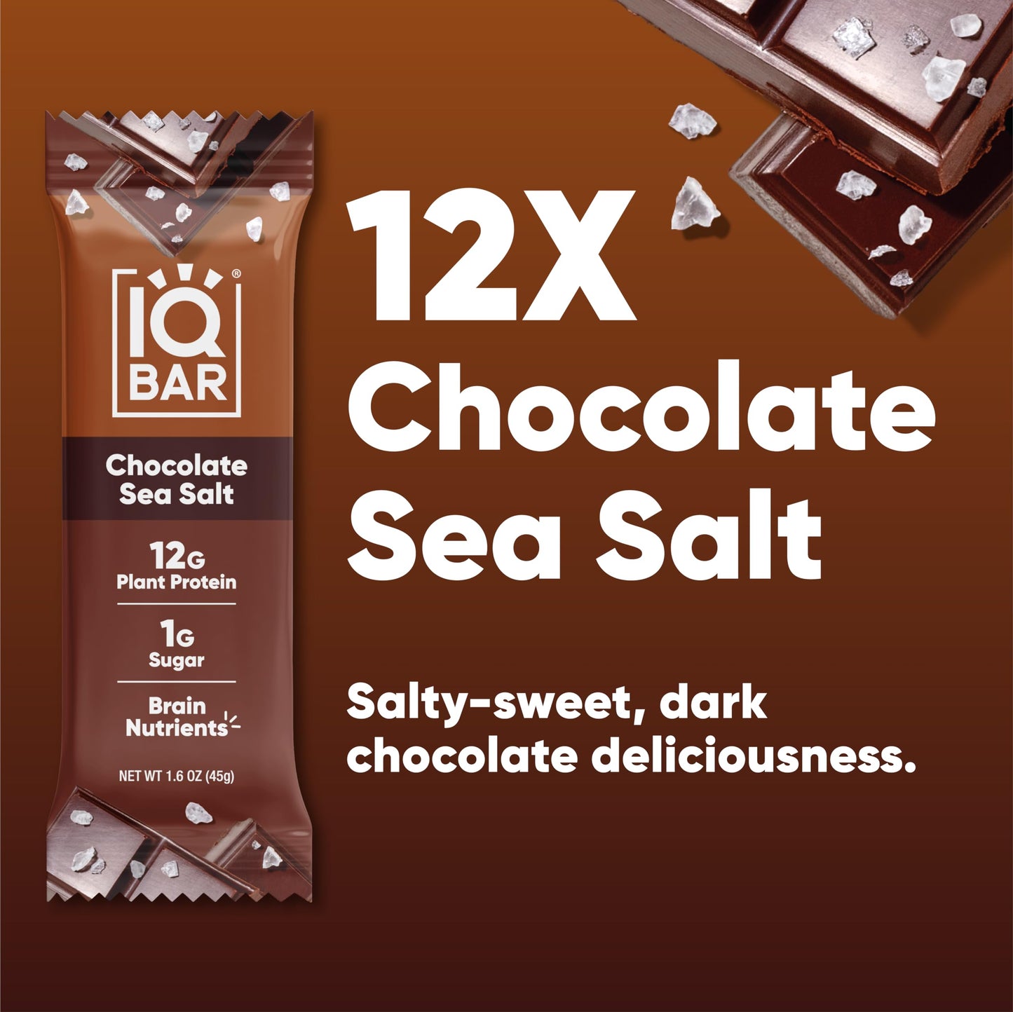 IQBAR Brain and Body Plant Protein Bars - Chocolate Sea Salt - 12 Count, Low Carb, High Fiber, Gluten Free, Vegan Snacks - Low S
