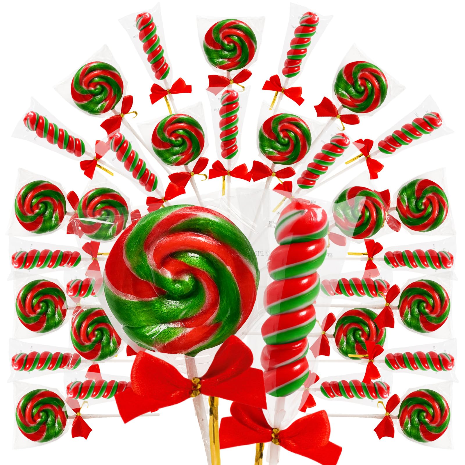 Christmas-Themed Red And Green Lollipops With A Festive Red Bow 32 Pack,16 + 16 Twisty & Swirl Candy Lollipops Suckers Individually Wrapped Bulk, Lollipop Candy Gifts For Christmas Stocking Stuffer