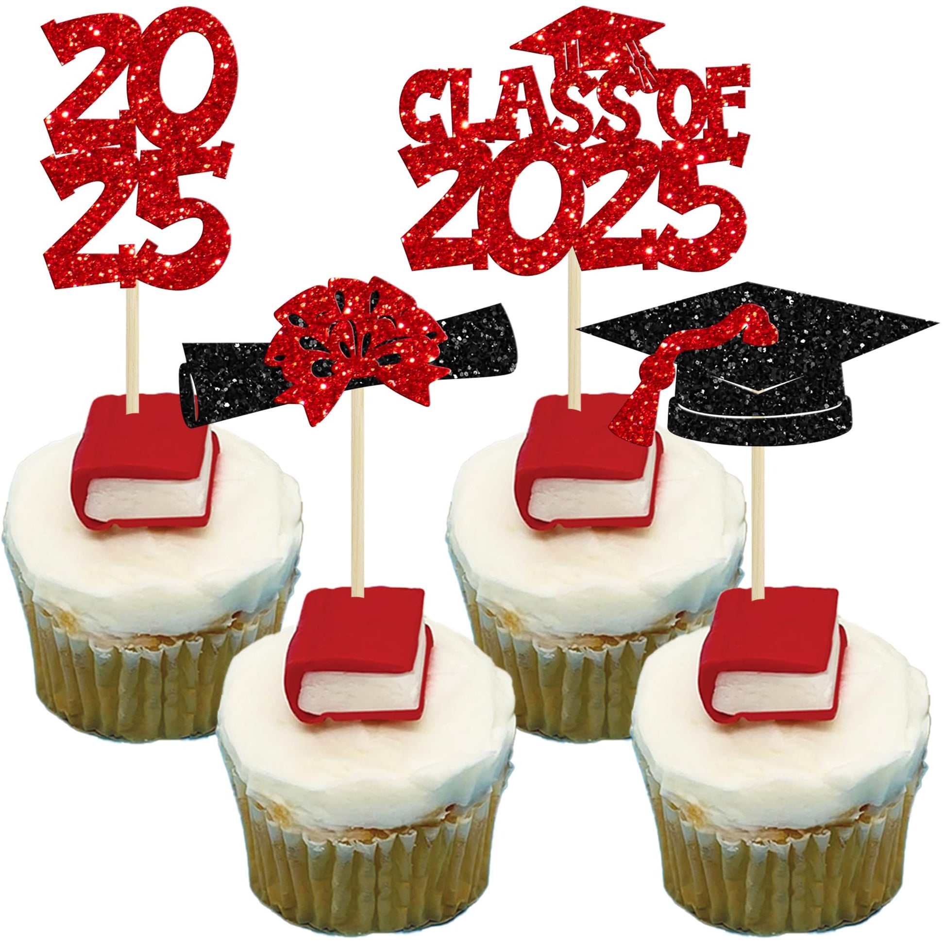 Ephlyn 36Pcs 2025 Graduation Theme Cupcake Toppers Glitter Class of 2025 Congrats Grad Diploma Graduation Cap Cupcake Picks for 