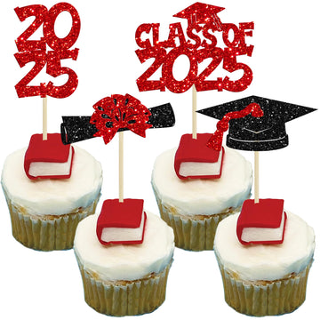 Ephlyn 36Pcs 2025 Graduation Theme Cupcake Toppers Glitter Class of 2025 Congrats Grad Diploma Graduation Cap Cupcake Picks for 