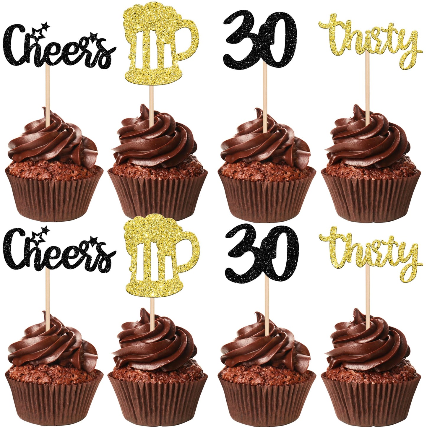 ZHUOWEISM 36 PCS Cupcake Toppers Glitter Beer Mug 30th Birthday Decorations Small Gold+White