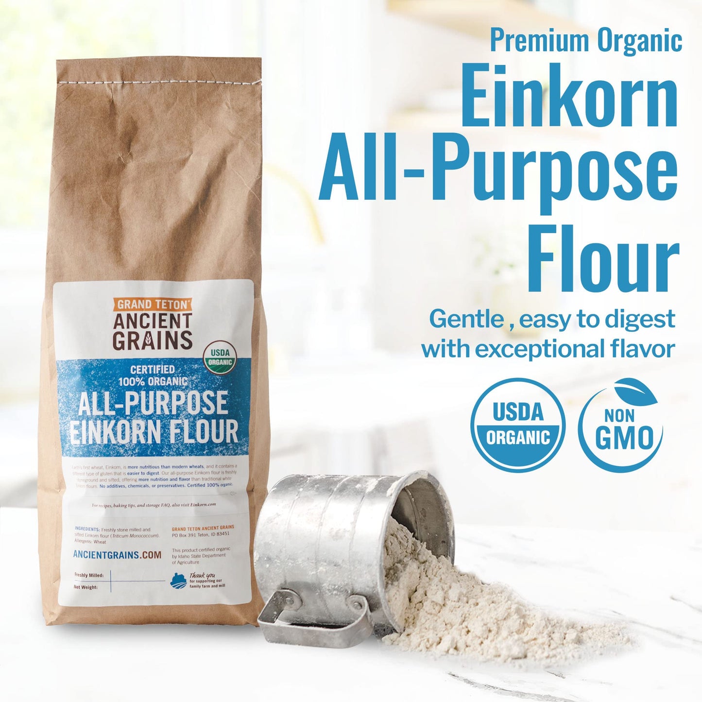 Grand Teton Organic Einkorn Flour - 100% Non-GMO All-Purpose, Unbleached, Rich in Vitamins & Minerals, 5 lbs (80 Ounce)
