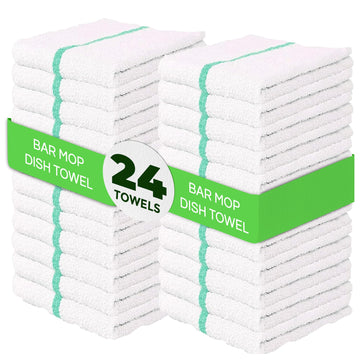 Towels N More 24 Green Stripe Cleaning Towels For Kitchen, 16X19 Bar Mop Dish Towels - 30Oz Commercial Grade Cotton Absorbent Re