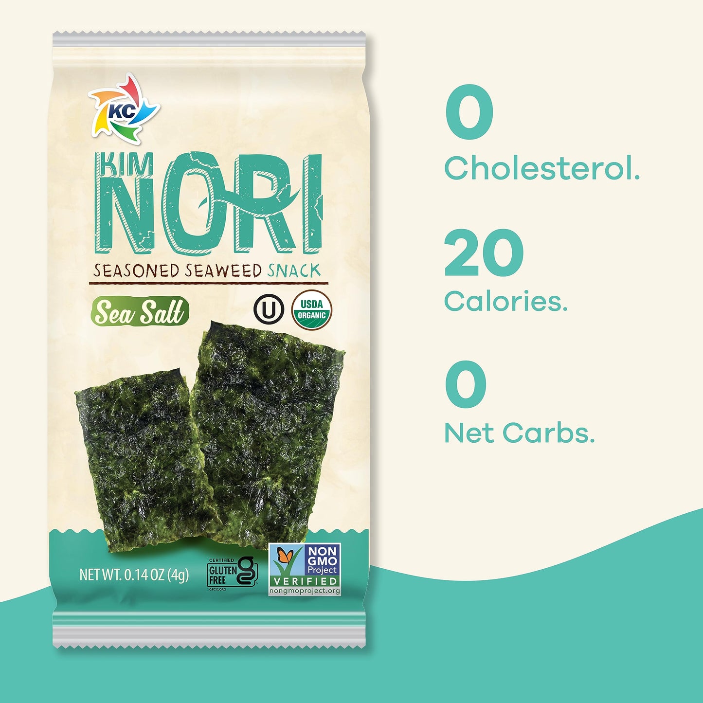 KIMNORI Seasoned Sea  Snacks - Organic Sea Salt Flavor, 24 Packs, 4g Each, 100% Natural Laver, Roasted Crispy Sea