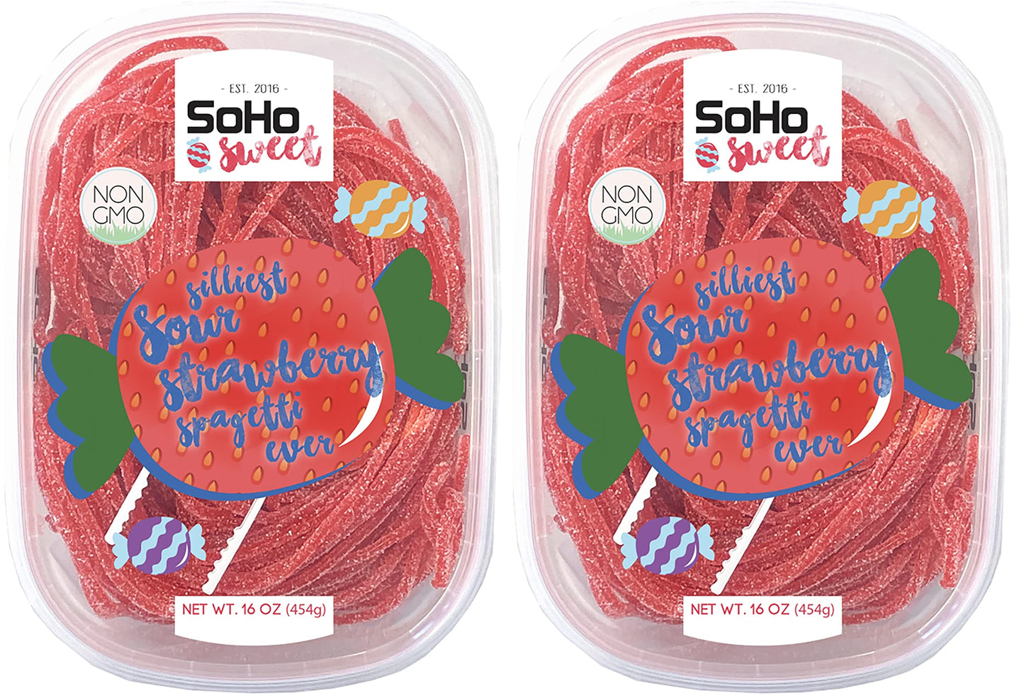Soho Sweet Sour Strawberry Spaghetti Non-GMO Gummy Candy, Halal Candy - Pack of 2 (1 Pound)