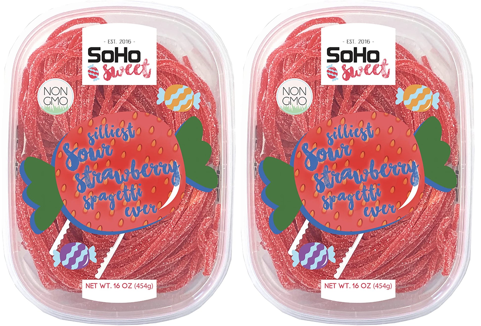 Soho Sweet Sour Strawberry Spaghetti Non-GMO Gummy Candy, Halal Candy - Pack of 2 (1 Pound)
