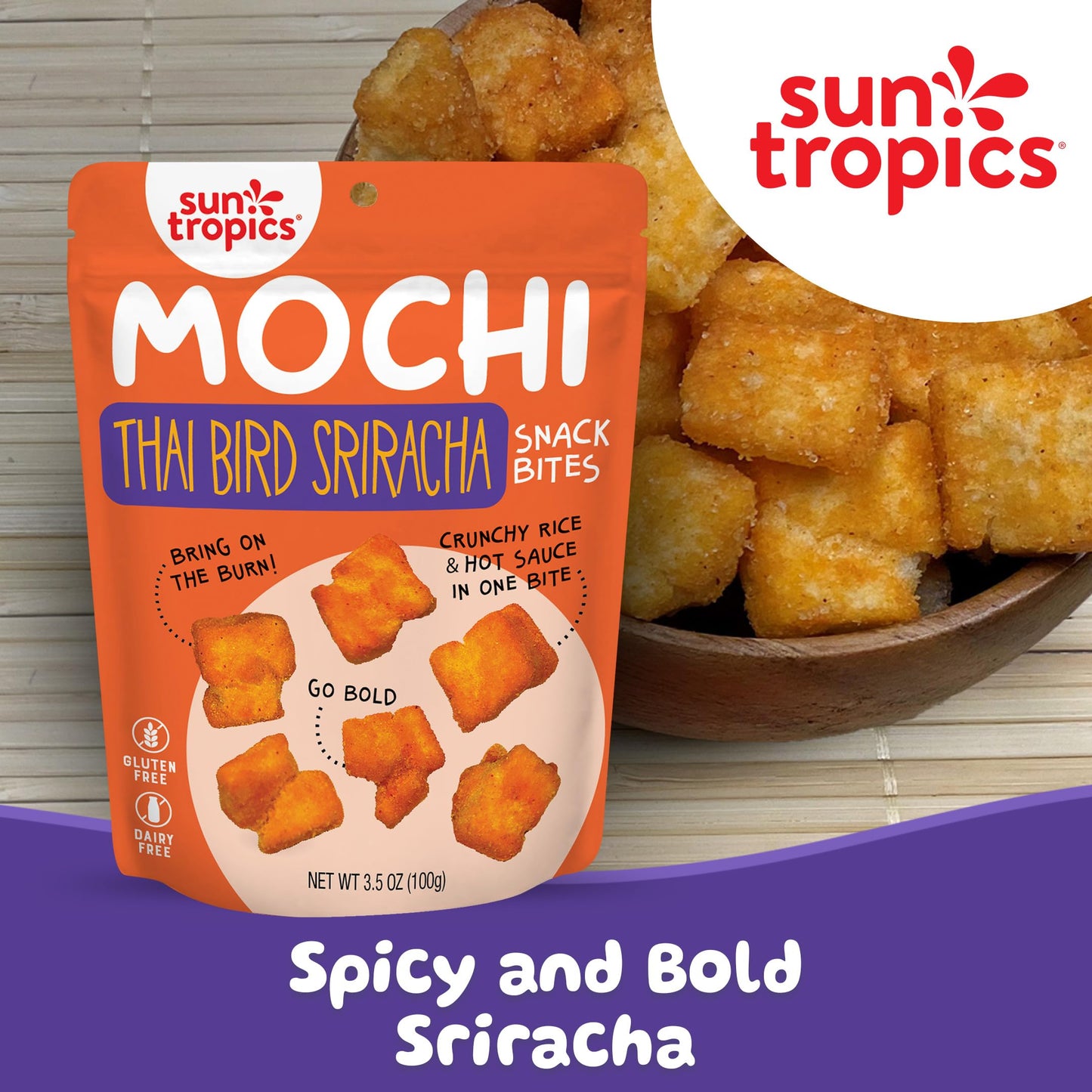 Sun Tropics Mochi Snack Bites, Thai Bird Sriracha Flavor- 3.5 oz (6 Pack)| Crispy Spicy Mochi Bites, Rice Nuggets | Mochi Puff R