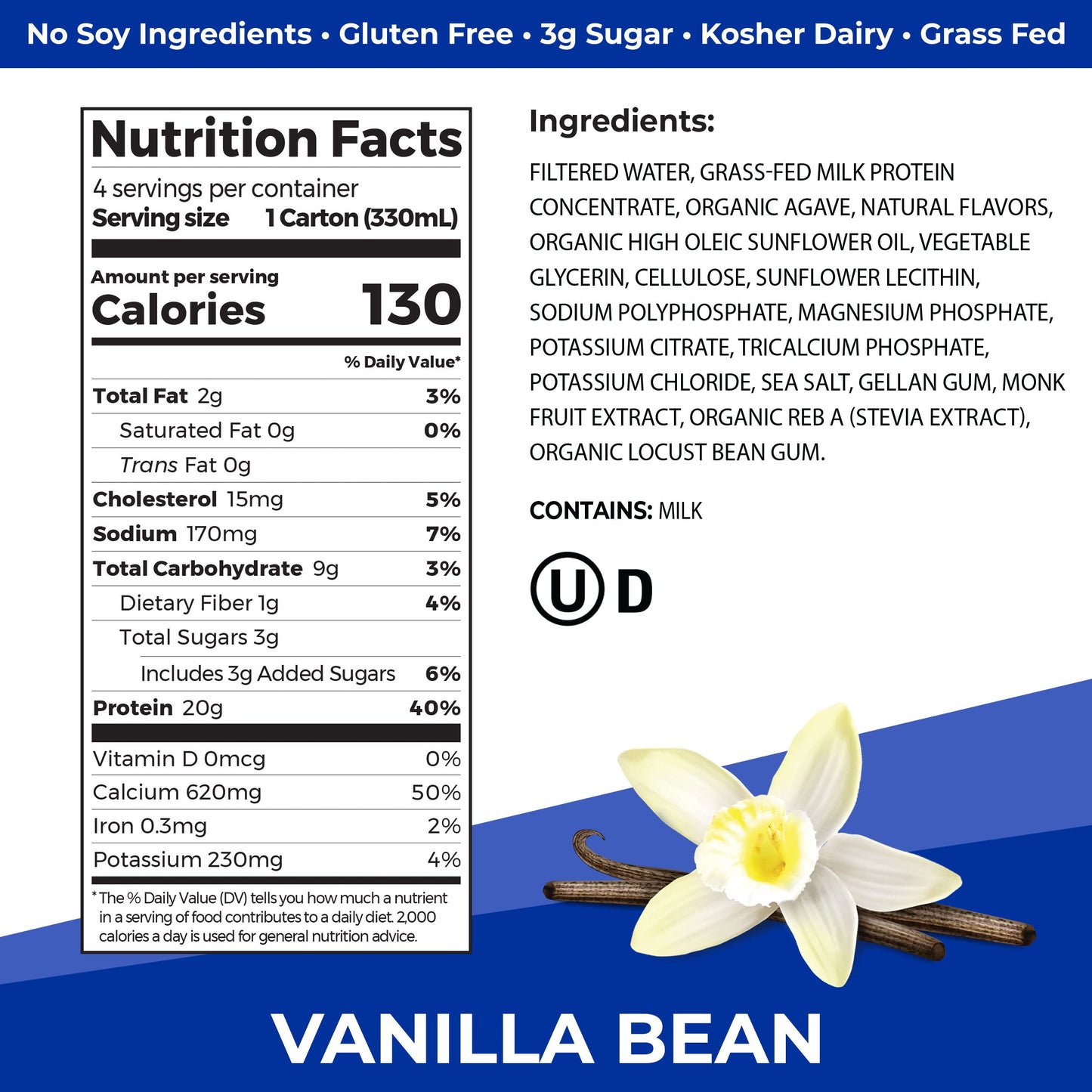 Orgain Clean Protein Shake  Grass Fed Dairy  Vanilla Bean - 20g Whey High Protein  Kosher  Ready to Drink  Low Net Carbs  Gluten Free  No Soy Ingredients  11 Fl Oz (Pack of 4)