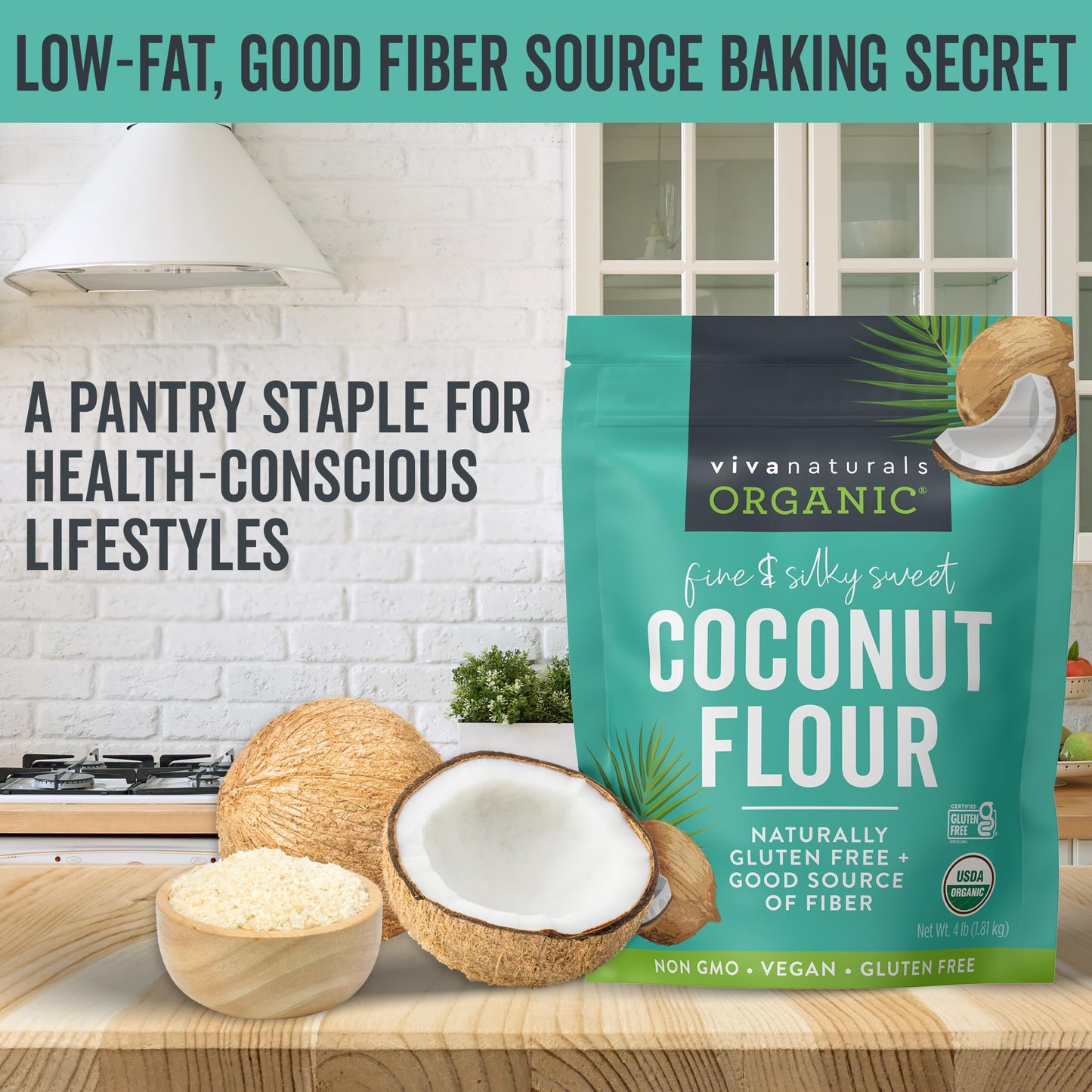 Viva Naturals Organic Coconut Flour, Gluten Free, 64 Ounce, Non-GMO, Low Fat, Ideal for Keto, Paleo & Vegan Baking