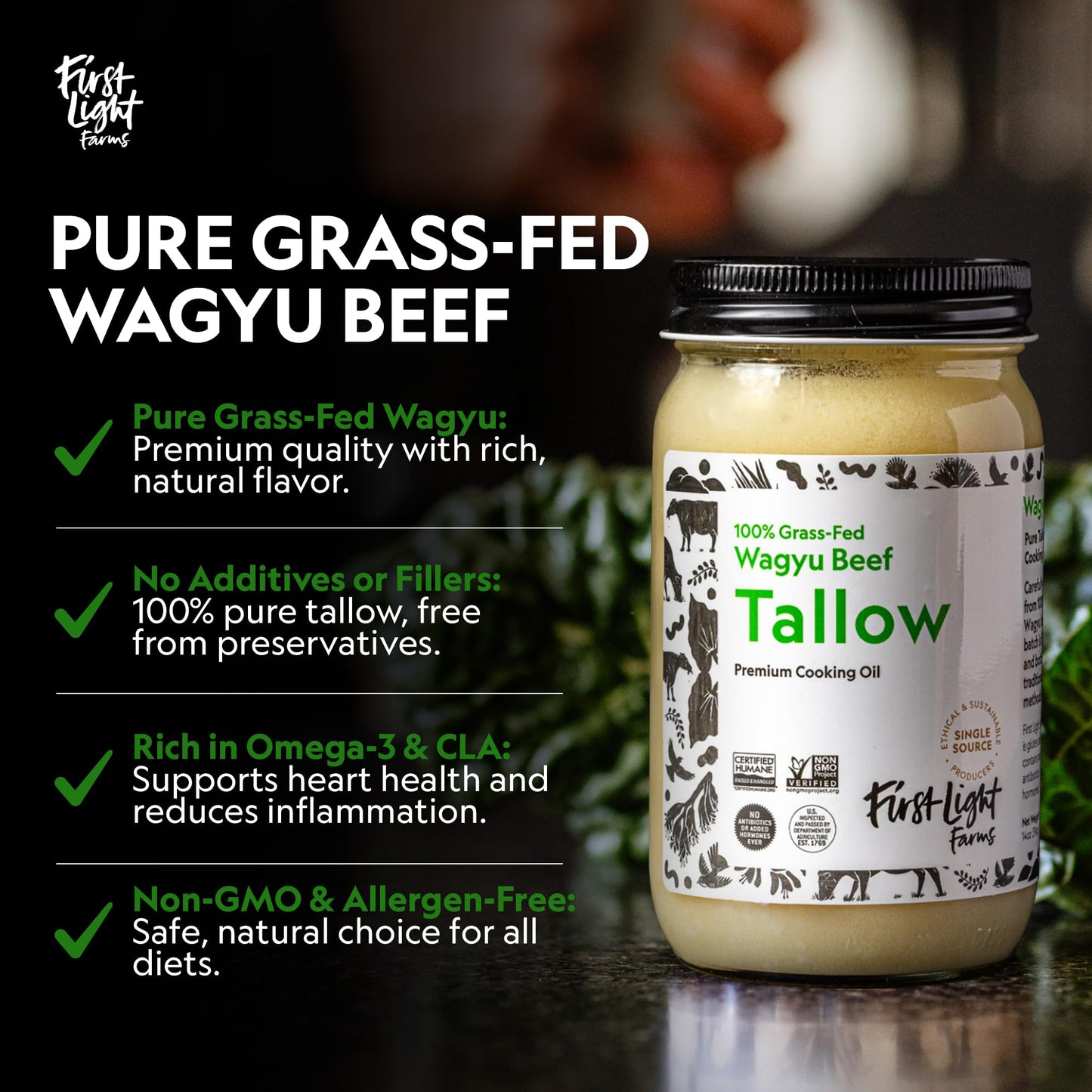First Light Wagyu Beef Tallow | 100% Grass-Fed, 14oz Glass Jar | Gluten-Free, Dairy-Free, Perfect for Keto & Whole30