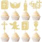 Gyufise Cupcake Toppers, 28Pcs Gold Glitter Christian Baptism Decor, Angel Chalice & Bible Cross Design