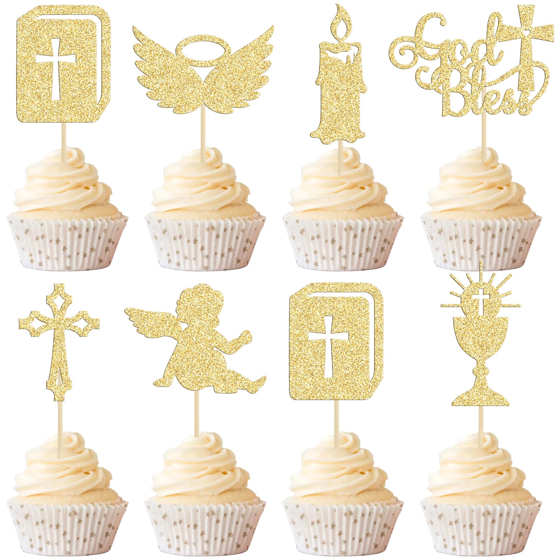 Gyufise Cupcake Toppers, 28Pcs Gold Glitter Christian Baptism Decor, Angel Chalice & Bible Cross Design
