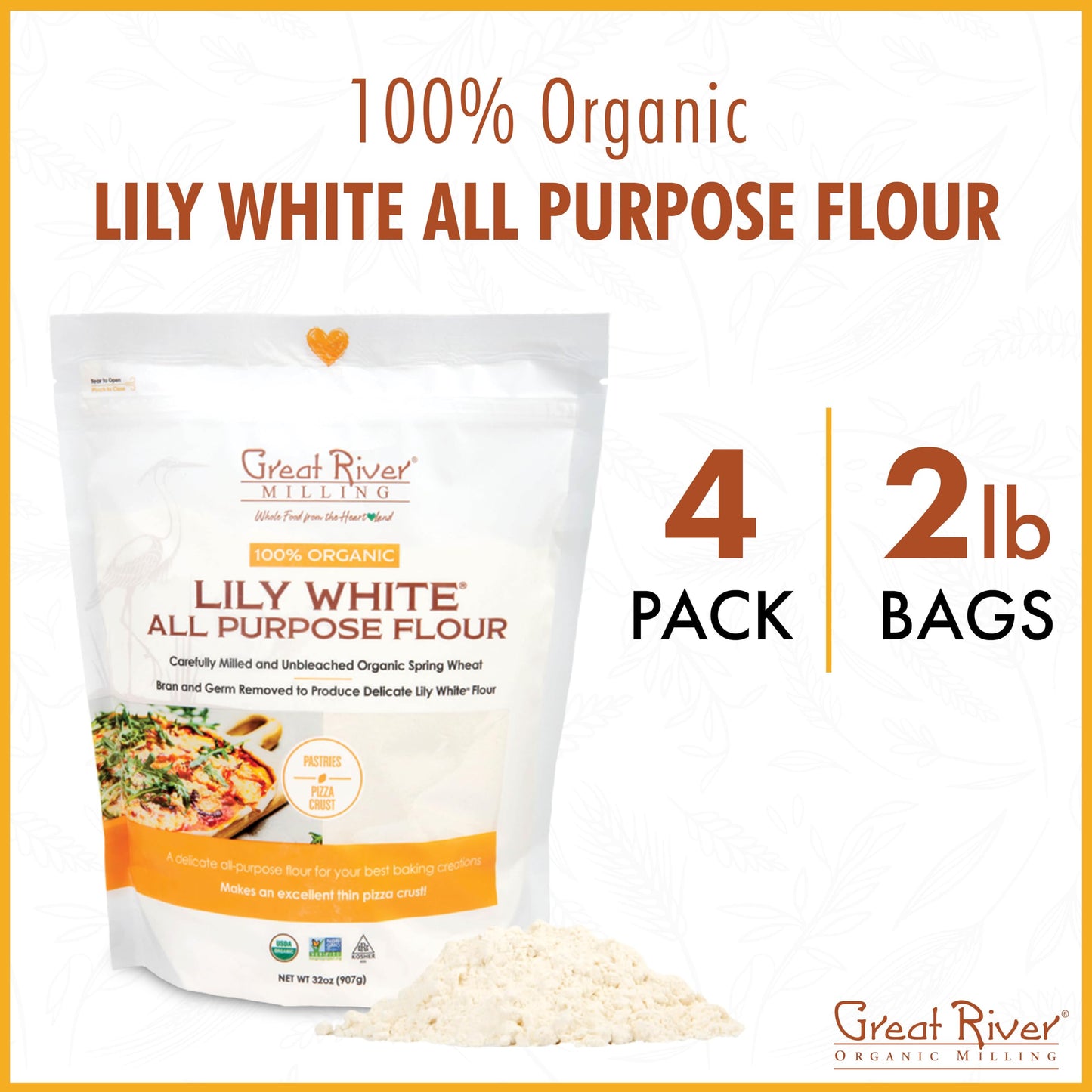 Great River Organic Milling All-Purpose Flour, Unbromated & Unbleached, Non-GMO, 2 Lb (Pack of 4)