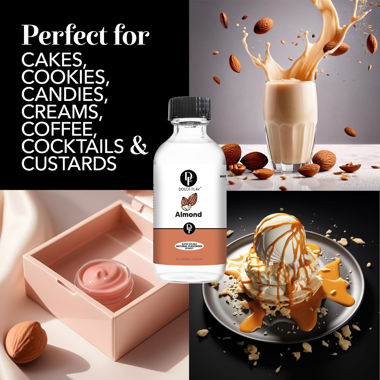 Dolce Flav Almond Extract, Water-Soluble, Sugar-Free, 2 Oz, Concentrated Flavoring for Baking, Pastries & Beverages