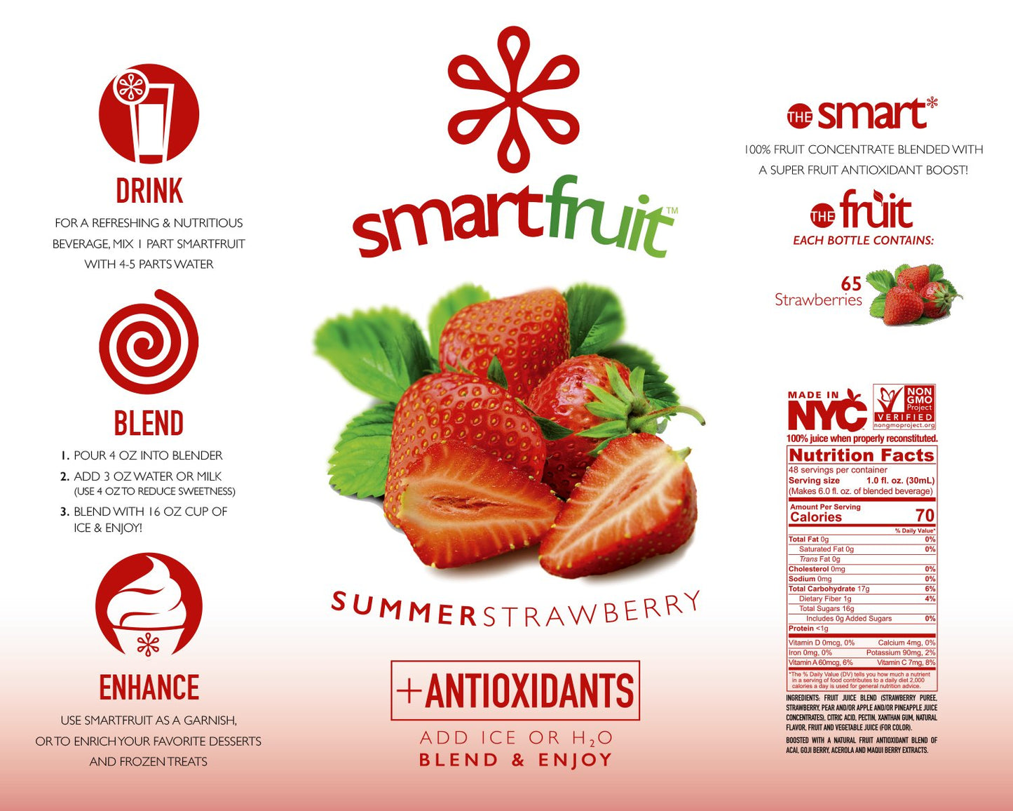Smartfruit Summer Strawberry + Antioxidants, 100% Real Fruit Pur  E, Non-Gmo, No Additives, Vegan - 48 Fl. Oz - 2 Pack
