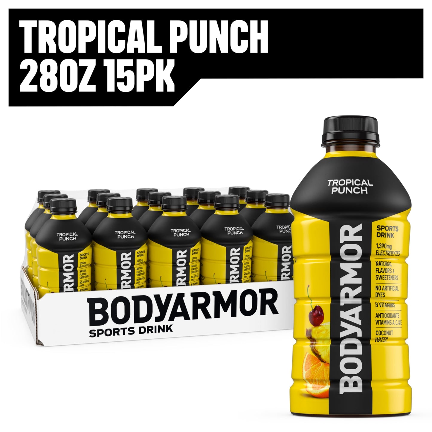 BODYprotective covering Sports Drink  Tropical Punch  Electrolyte Drink Hydration  28 Fl Oz Bottles (15 Pack)  Flavored Coconut Water with B Vitamins & Antioxidants