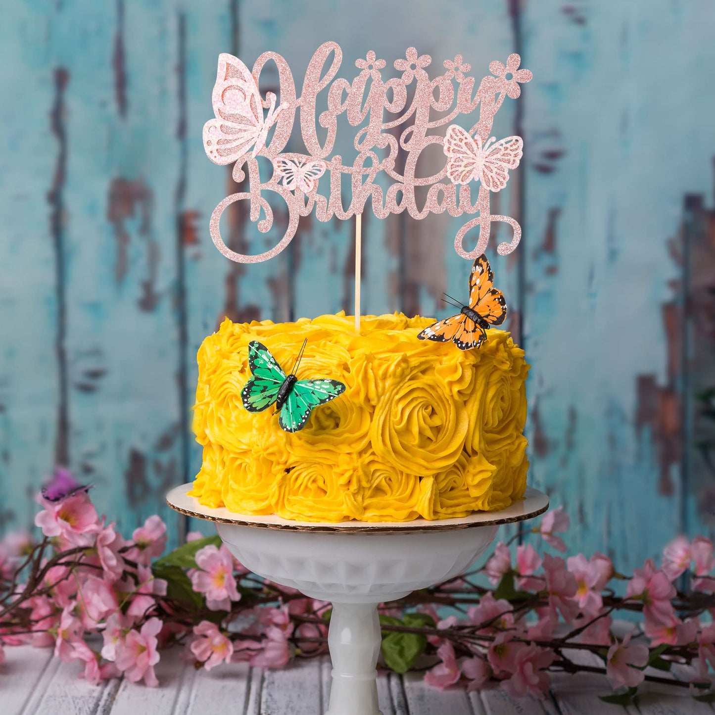 Gyufise 1Pcs Butterfly Cake Topper Glitter Assembled 3D Butterfly Cupcake Toppers Happy Birthday Cake Topper For Wedding Anniver