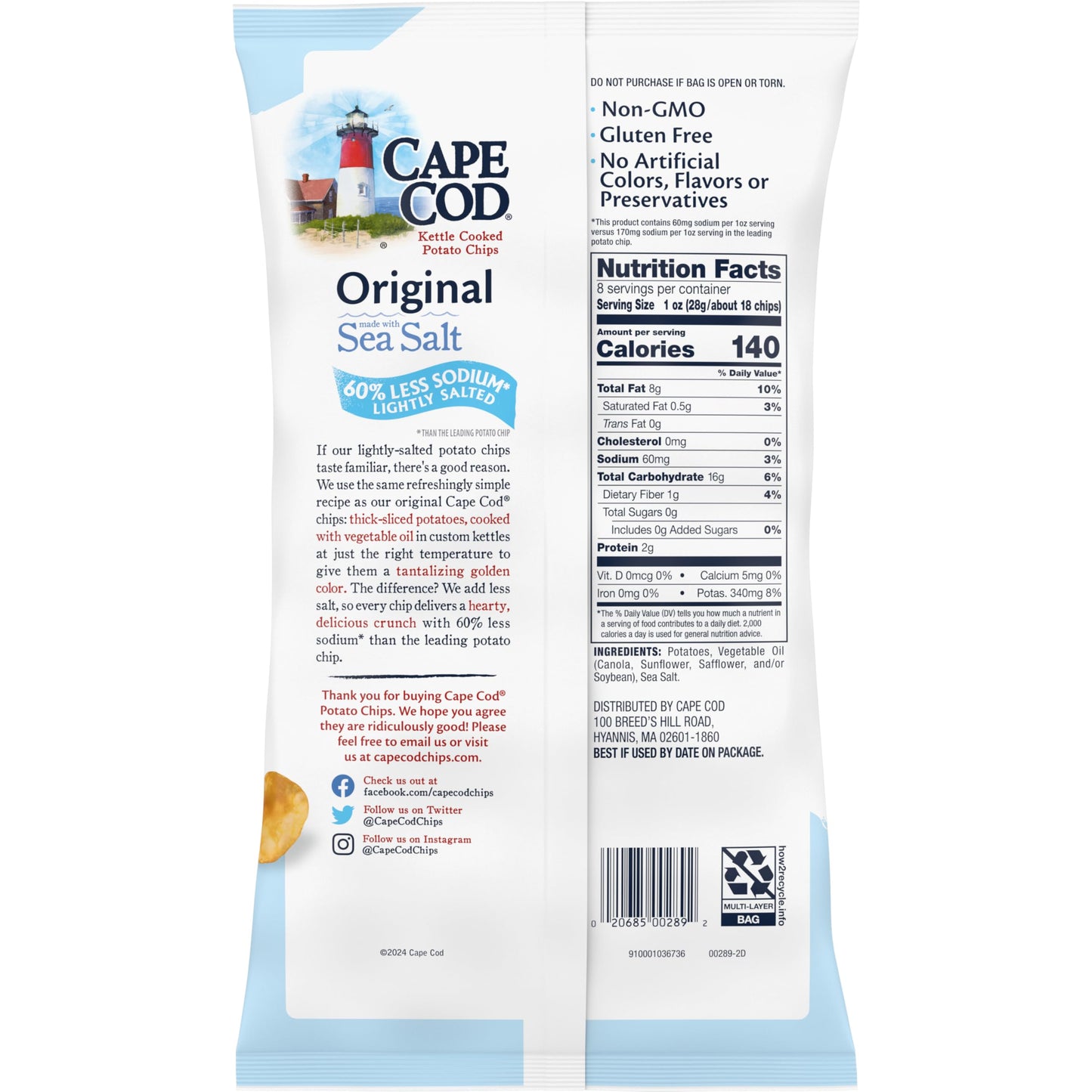 Cape Cod Potato Chips, Lightly Salted Original Kettle Chips, 8 Oz