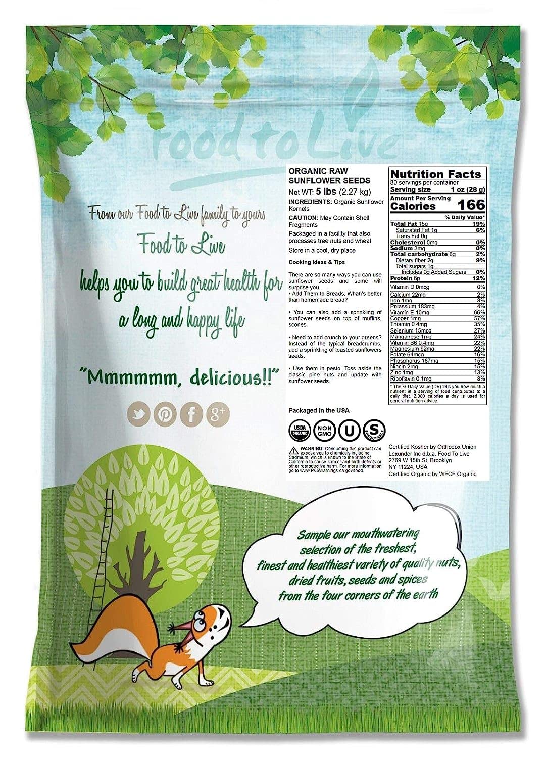 Food To Live Organic Sunflower Seeds, 5 Pounds Hulled, Raw, Non-Gmo, Dried Kernels, Unsalted, Kosher, Vegan, Keto, Paleo, Sirtfood, Bulk, Good Source Of Protein