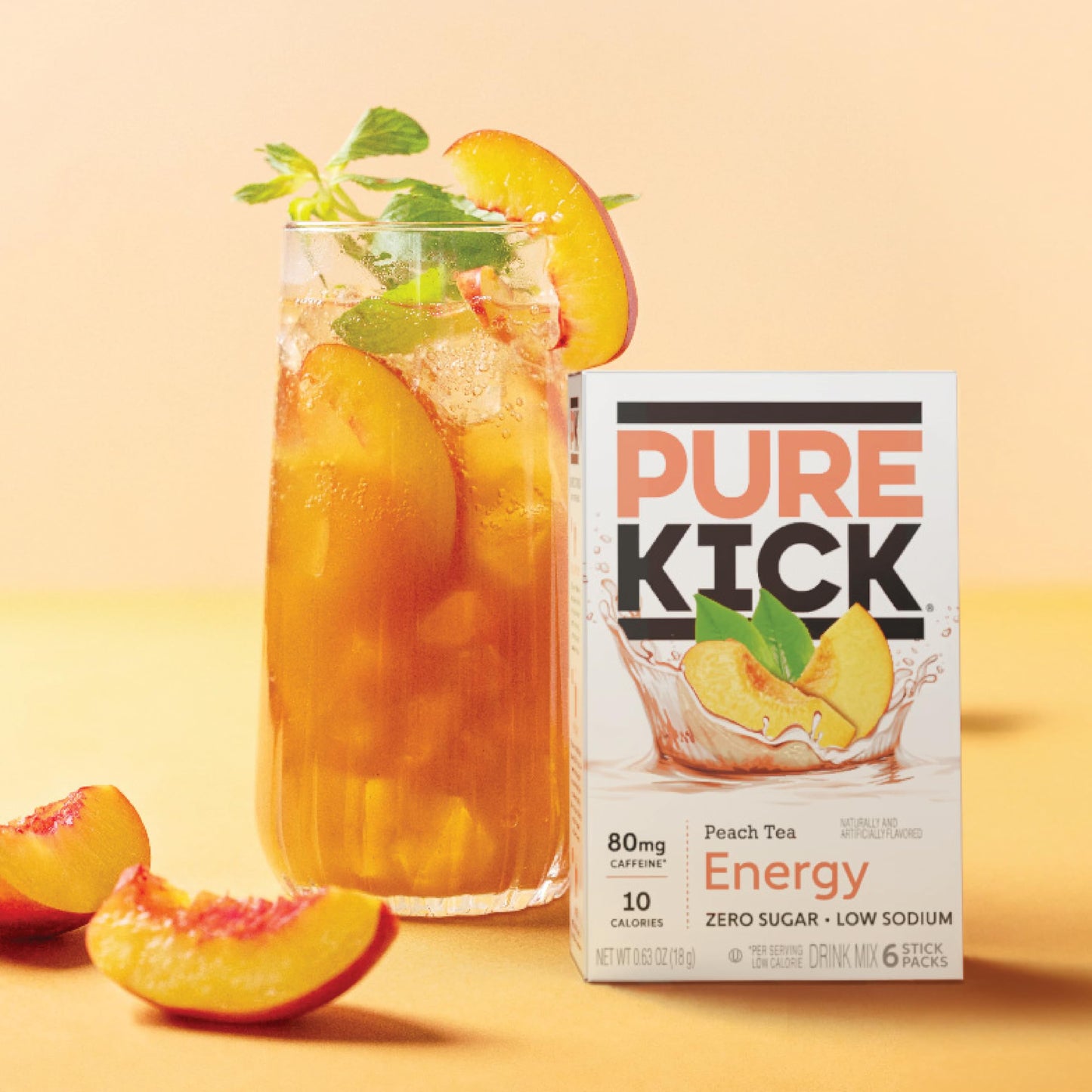 Pure Kick Energy Singles To Go Drink Mix, Peach Tea, Includes 12 Boxes With 6 Packets In Each Box, 72 Total Packets
