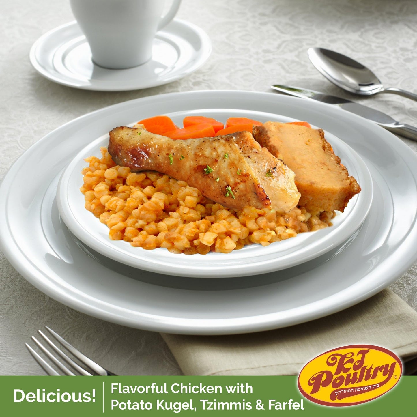 KJ Poultry Kosher Ready Meals - Bone In Chicken & Kugel, MRE Meat Meals Ready to Eat, Shabbos Food, Halal, (1 Pack) Prepared Ent