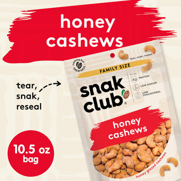 Snak Club Bags Honey Cashews, Crunchy, Glazed, Gluten-Free, Family Size, 10.5 Ounce