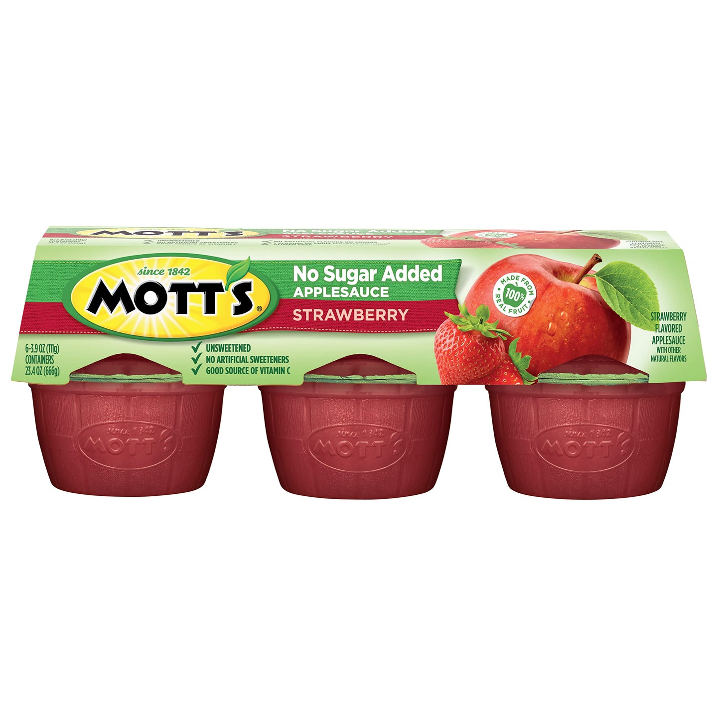 Mott s No Sugar Added Strawberry Applesauce, 3.9 Oz Cups, 72 Count (12 Packs Of 6), Good Source Of Vitamin C, No Artificial Fla