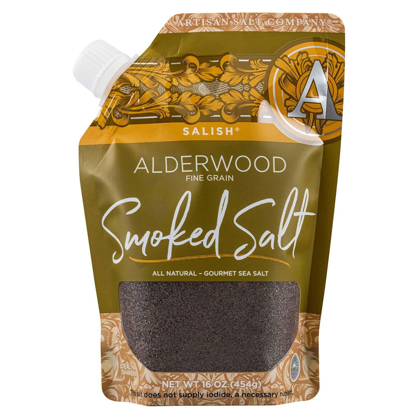 SaltWorks Artisan Salt Alderwood Smoked Sea Salt, Fine Grain, 16 Ounce Pouch, Medium to Dark Brown Crystals