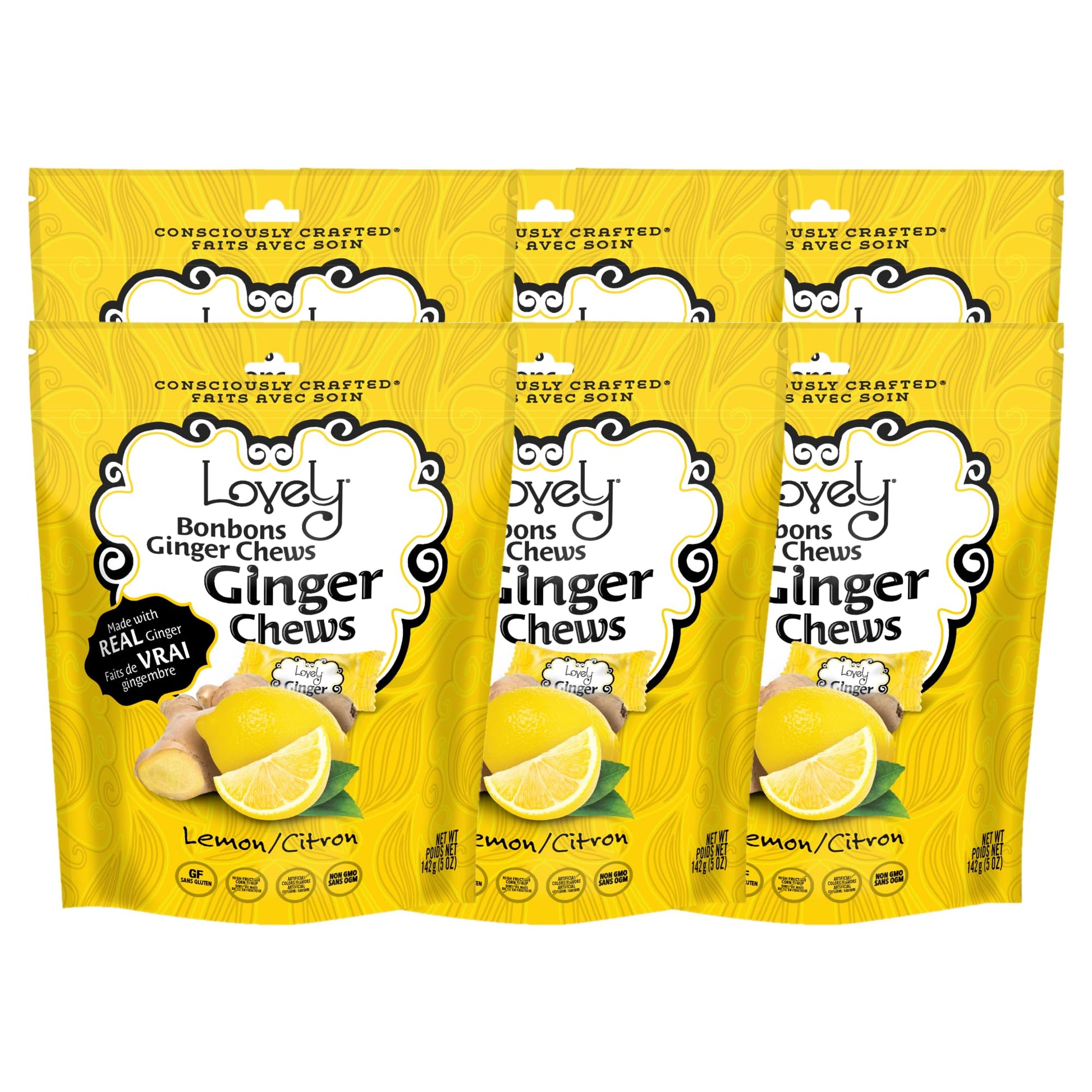 Lovely Candy Co. Lemon Ginger Chews, Made with Real Ginger, Individually Wrapped, 5oz (6-Pack) | Gluten-Free, Non-GMO, NO Artifi