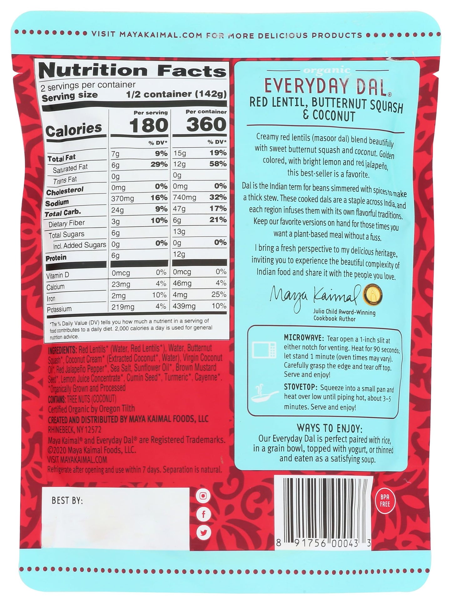 Maya Kaimal Organic, Everyday Dal, Red Lentil, Butternut Squash & Coconut, 10 Oz