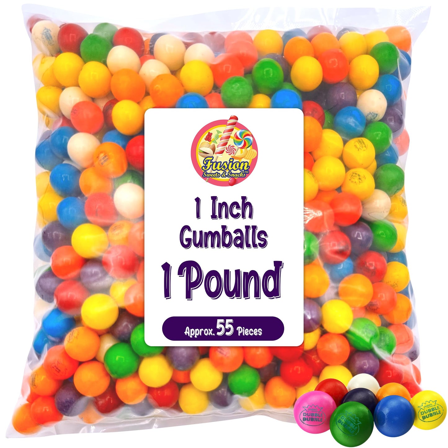 Fusion Sweets Gumballs - Assorted Fruit Flavor - 1 Inch - 1 Pound Bag - Bulk Refill for Gumball Machines