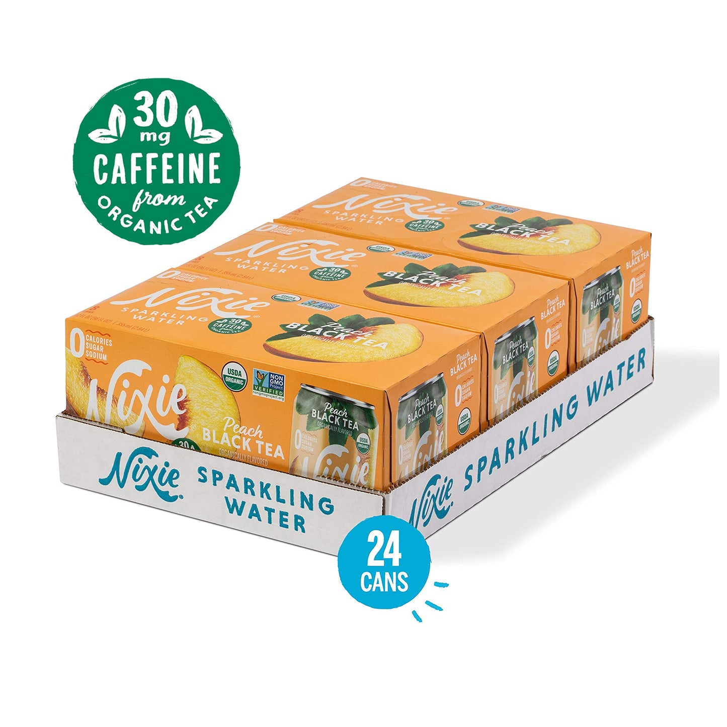 Nixie Sparkling Water, Peach Black Tea, Organic, Non-GMO, 12 fl oz cans, 24 pack, Lightly Caffeinated, 0 Calories, 0 Sugar