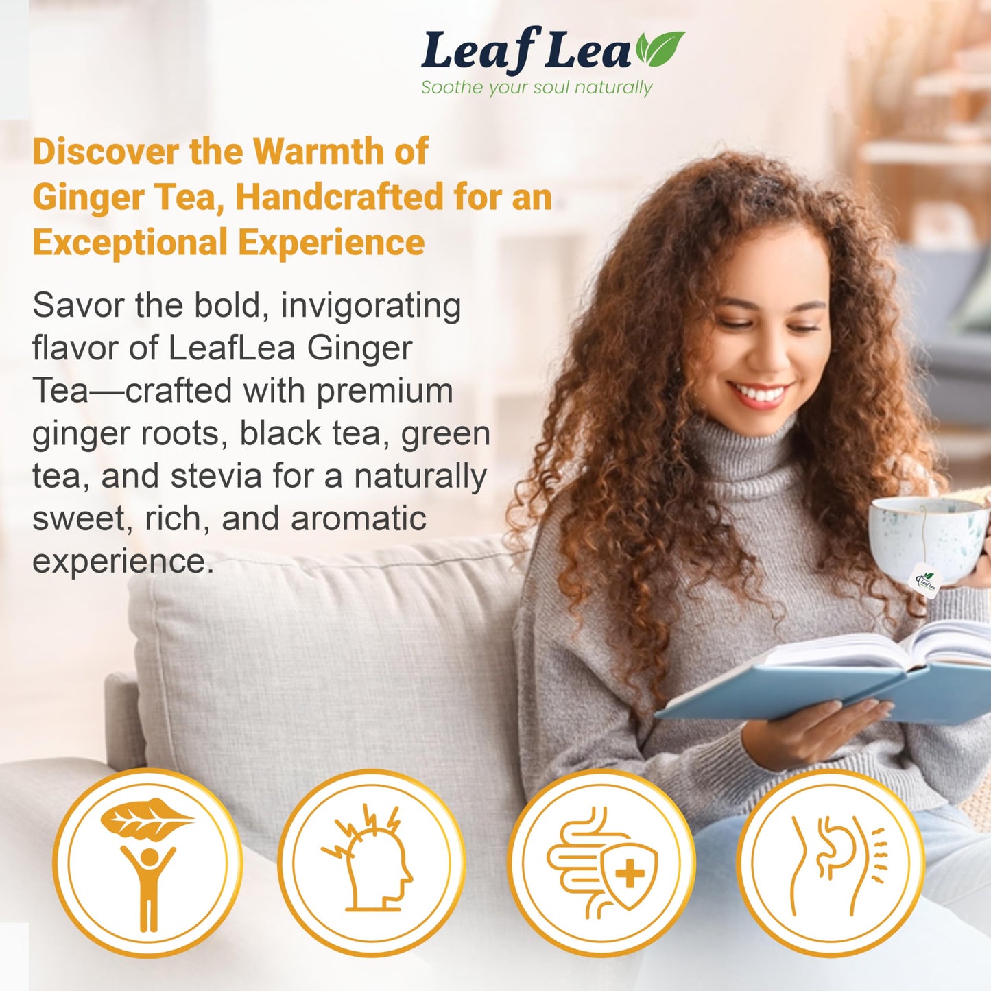 LeafLea Ginger Green Tea, 40 Individually Wrapped Bags, Soothing Green Tea Blend, Low Caffeine, Sugar-Free
