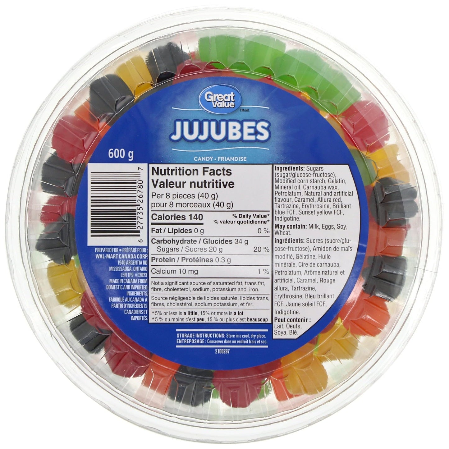 Great Value, 600g/1.3 lbs, Tub of Gummy Jujubes (Imported from Canada)