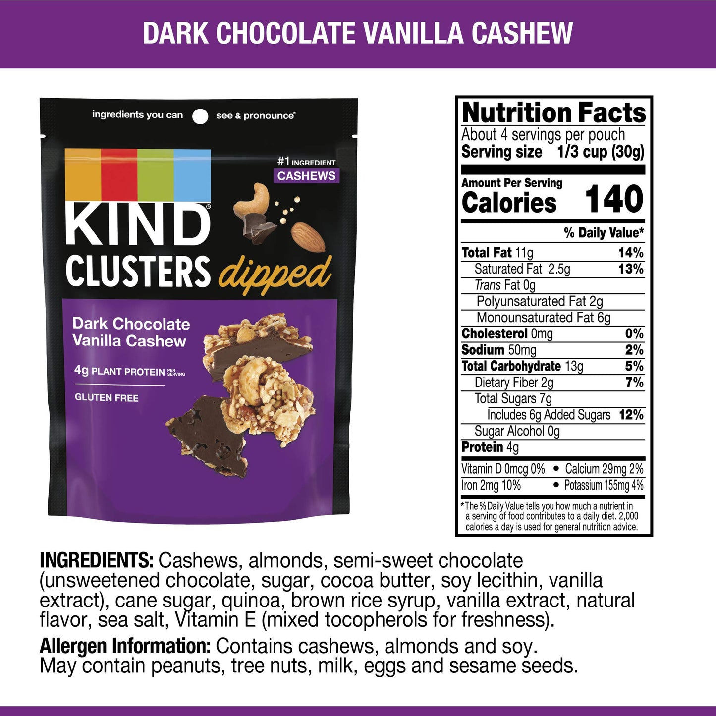 Kind Snack Clusters Dipped, Dark Chocolate Vanilla Cashew, Gluten Free, 4G Protein, 4 Ounce , 8Count