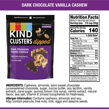 Kind Snack Clusters Dipped, Dark Chocolate Vanilla Cashew, Gluten Free, 4G Protein, 4 Ounce , 8Count