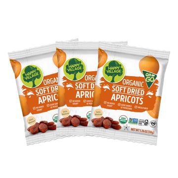 Happy Village Organic Soft Dried Apricots On The Go - 3 Bags (15 Individual Portion Packs) | Healthy, Organic, Non-Gmo, Vegan, K