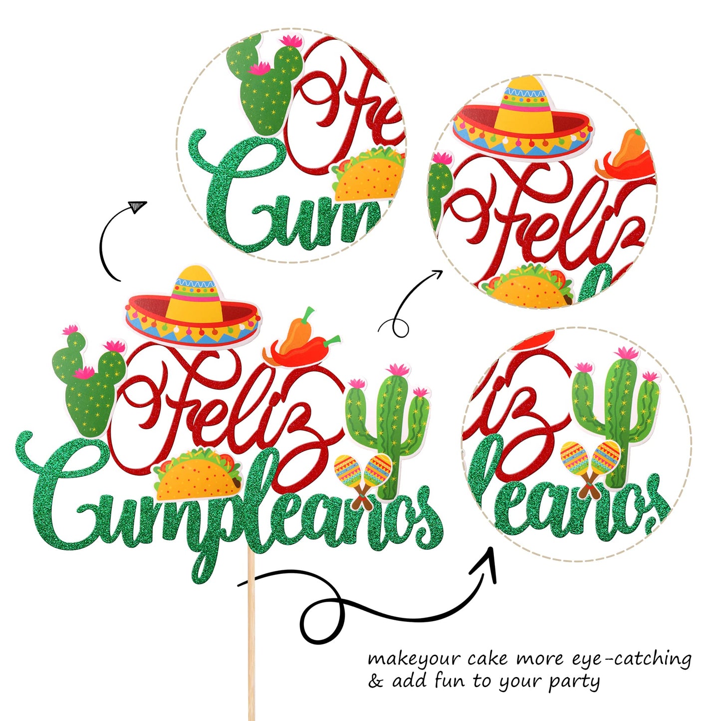 1 Pcs Spanish Feliz Cumpleanos Cake Topper Glitter Sombrero Cactus Mexican Fiesta Happy Birthday Cake Pick For Mexican Fiesta Th