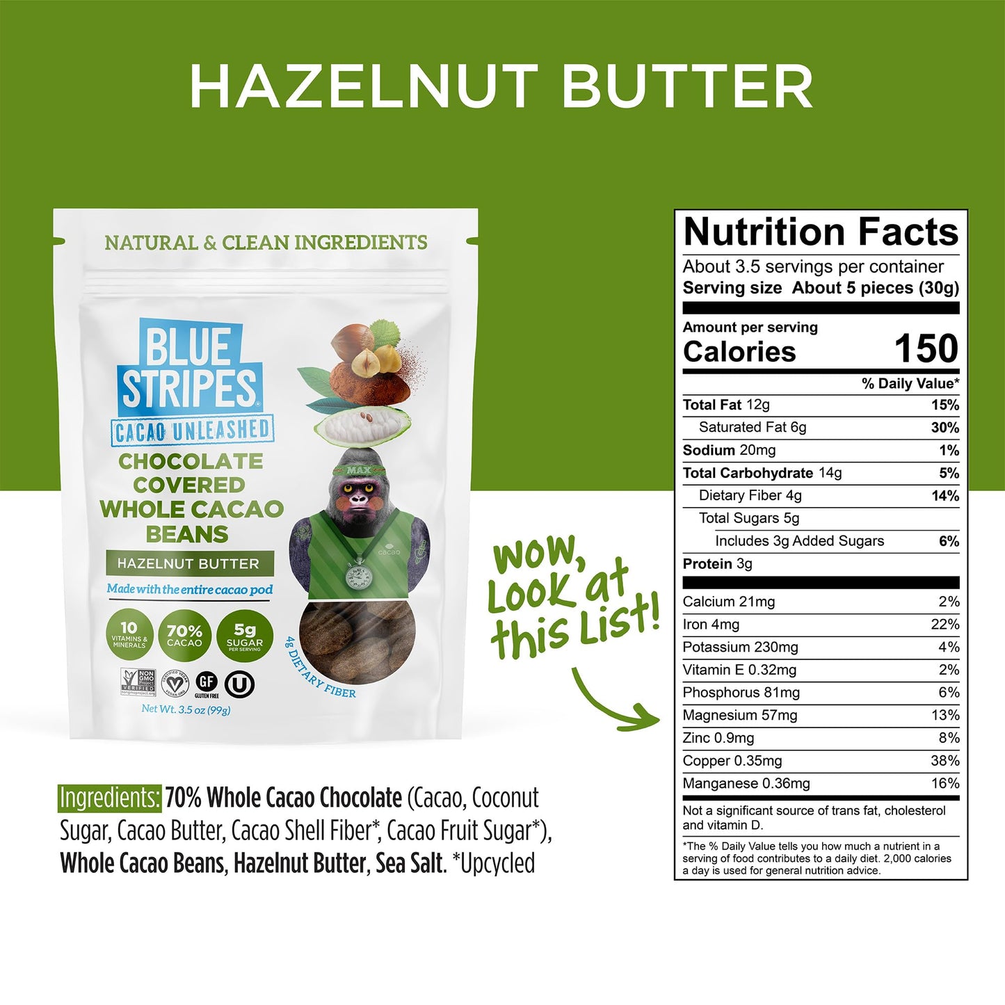 Blue Stripes Hazelnut Butter Chocolate Covered Whole Cacao Beans, 3.5 OZ