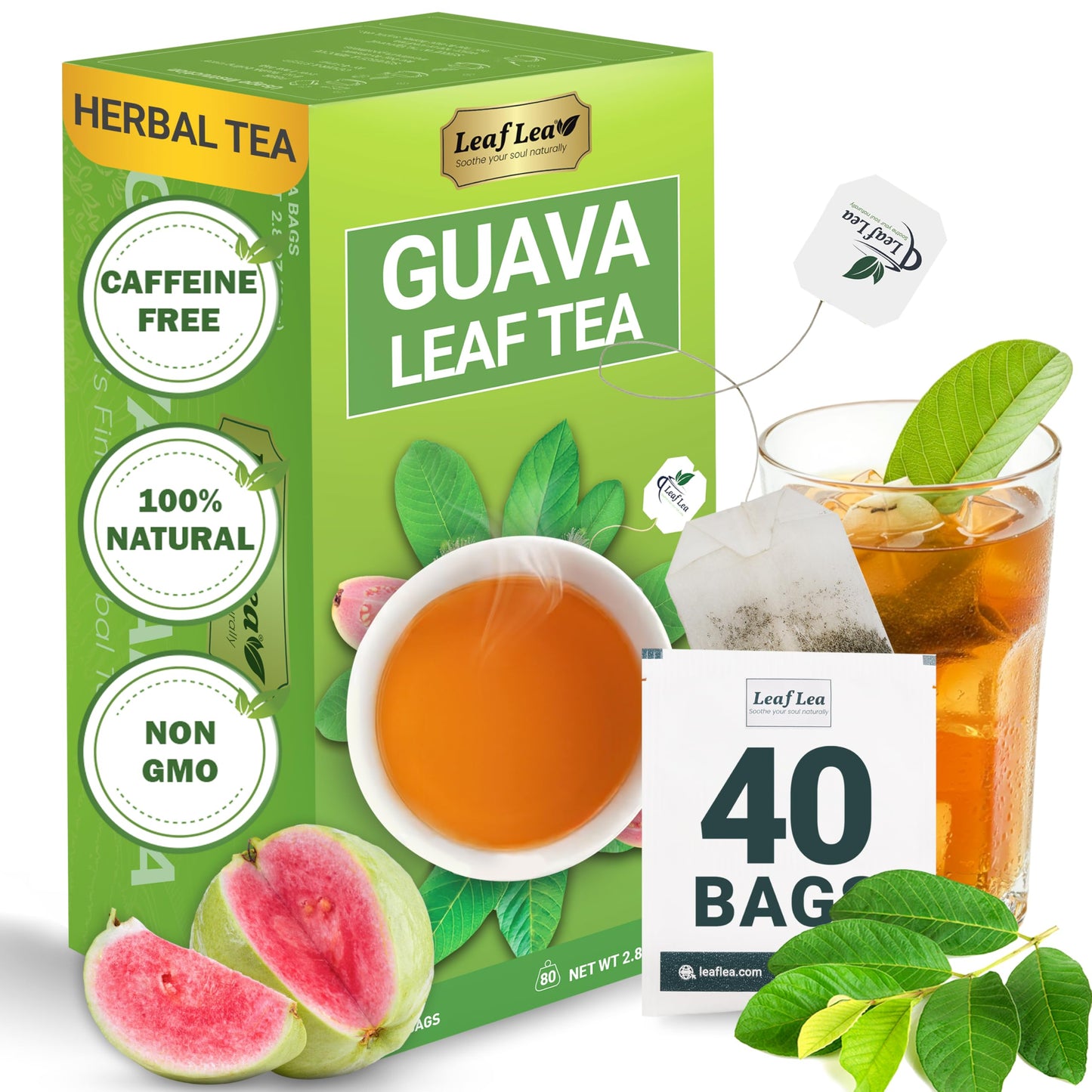 LeafLea Guava Leaf Tea - 40 Caffeine-Free Tea Bags, Vegan, Non-GMO, Sugar-Free, Supports Digestion & Wellness