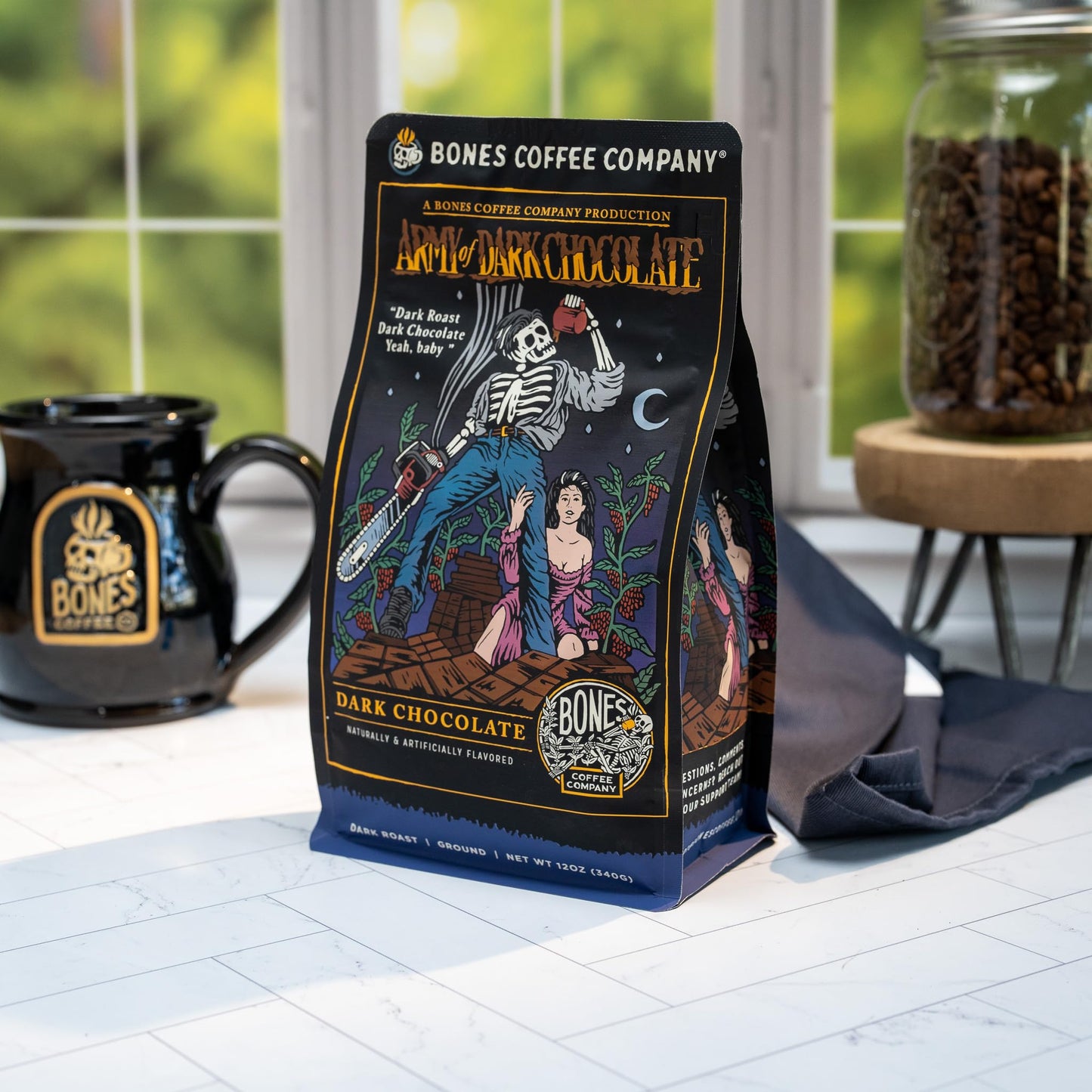 Bones Coffee Company Army Of Dark Chocolate Whole Coffee Beans, Dark Chocolate Flavor Low Acid Flavored Coffee, Made with Arabic