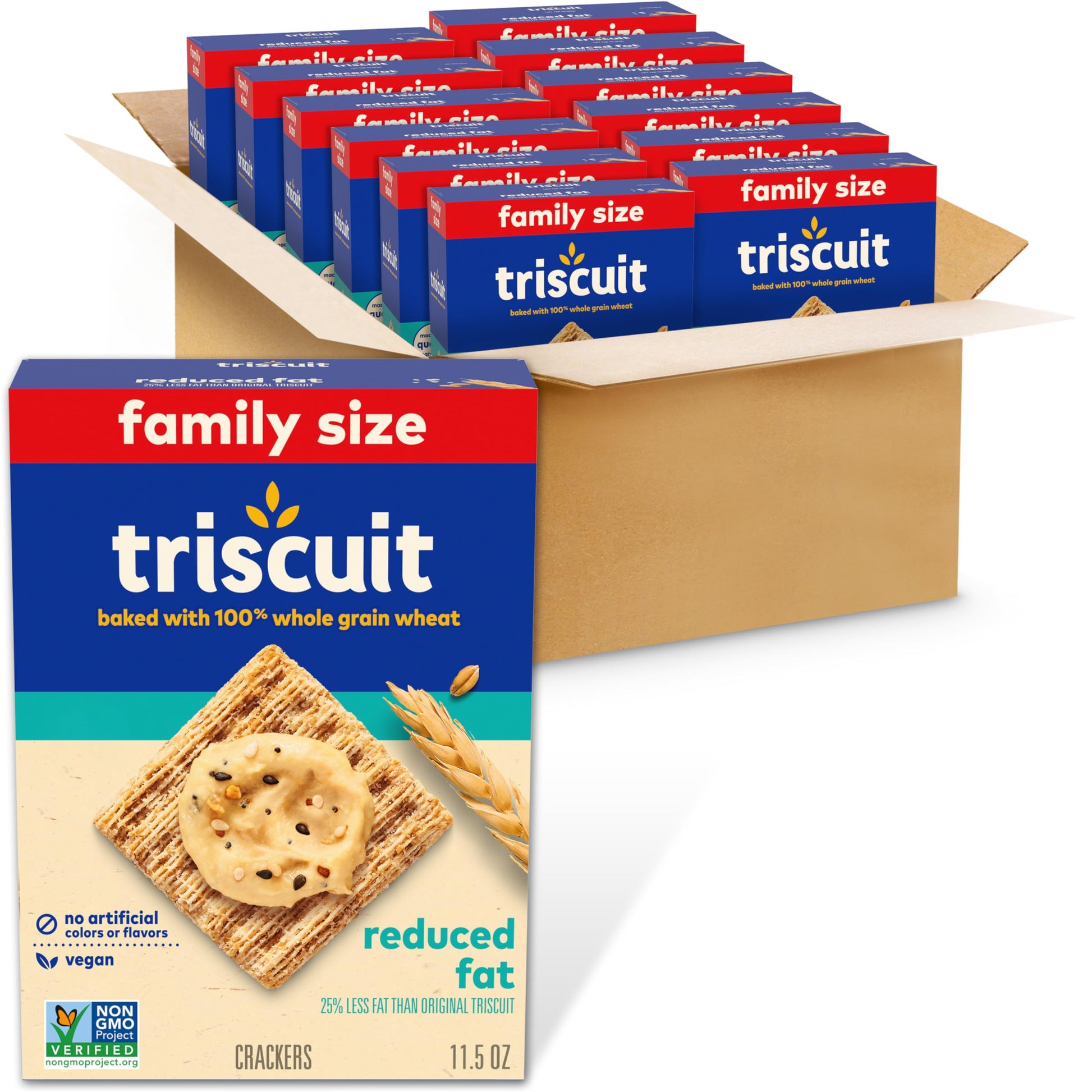 Triscuit Reduced Fat Whole Grain Wheat Crackers, Vegan Crackers, Vegan Snacks, Bulk Lunch Snacks, Family Size, 12 - 11.5 oz Boxe